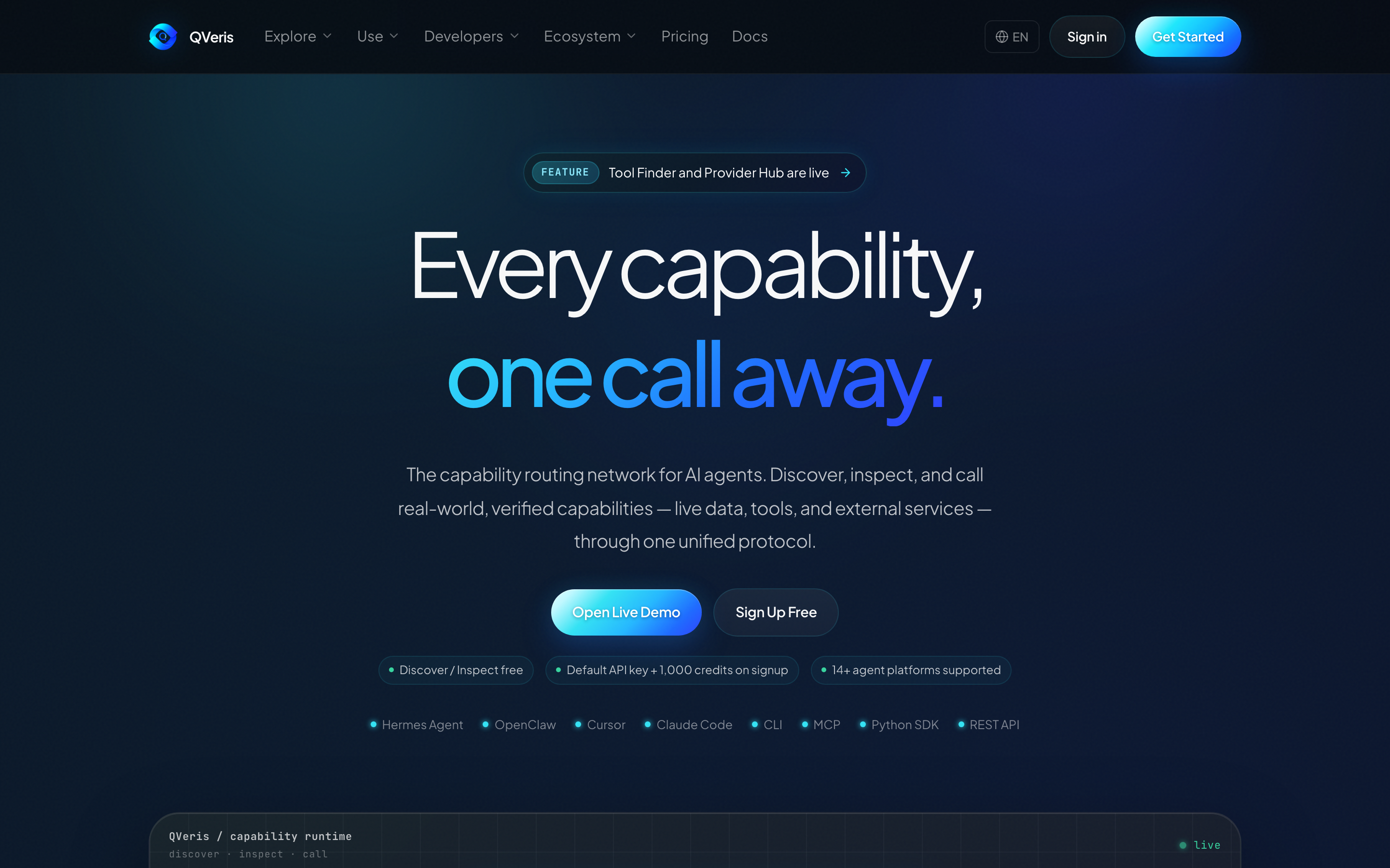 QVeris 网站截图，展示 AI Agent capability routing network